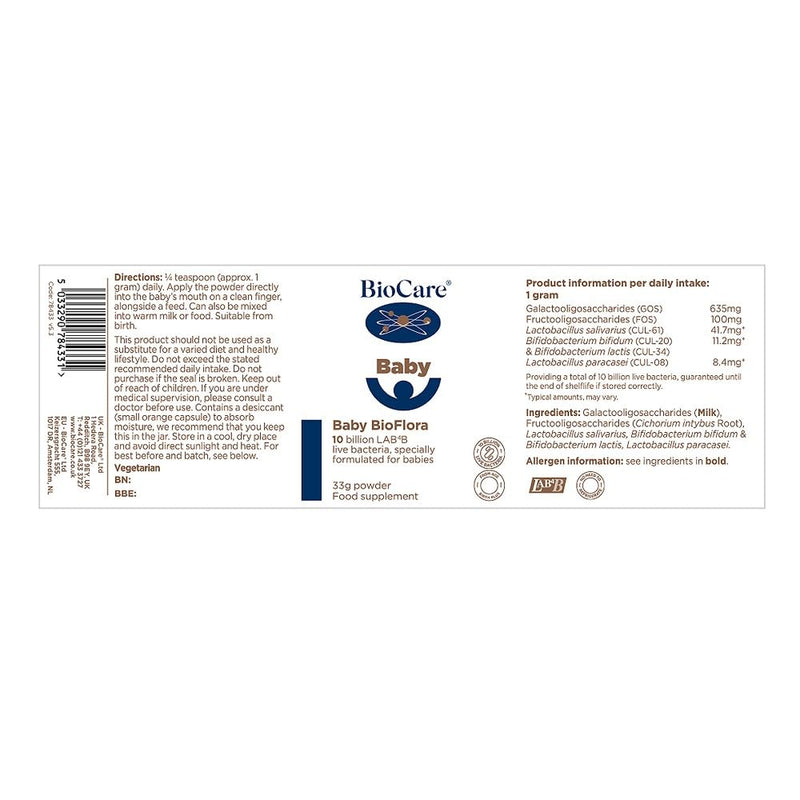BioCare Baby BioFlora - LAB4B Live Bacteria Complex Powder, GOS Prebiotic Fibre - Formulated for Babies - 33g