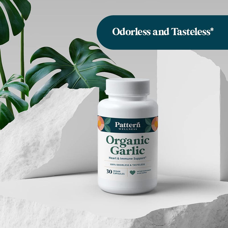 [Australia] - Pattern Wellness Odorless Organic Garlic - 1000mg - Healthy Immune, Circulatory & Cardiovascular Support - Happy & Healthy Heart - Non-GMO & Gluten Free - 30 Vegan Capsules 30 Count (Pack of 1) 