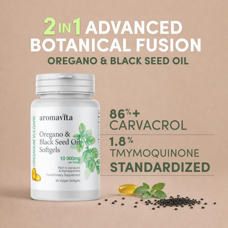 2in1 Oregano & Black Seed Oil Softgels – 108mg Carvacrol & 375 mg Thymoquinone – Organic, Vegan, Non-GMO – Wellness Support – 60 Capsules