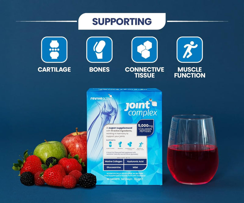 Revive Active Joint Supplement Complex with Marine Collagen, Hyaluronic Acid, Glucosamine - A Daily Sachet - Contributes to The Support of Joints, Cartilage, Bones & Muscle Function - 30 Days Supply