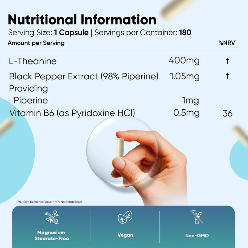 L-Theanine - 401mg - 180 Capsules - 6 Months Supply | with Vitamin B6 & Black Pepper | 1 Capsule per Day | Vegan & Magnesium Stearate-Free - L Theanine Supplement for Men & Women - Made in Europe