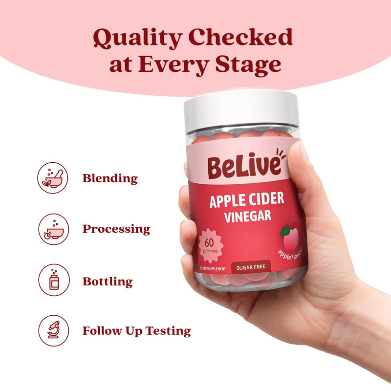 BeLive Apple Cider Vinegar Gummies, 500mg, for Digestive Health, Zero Sugar | ACV Supplement for Digestion Support, Bloating, and Detox, Apple Flavor, Gluten Free, 60 count 60 Count (Pack of 1)