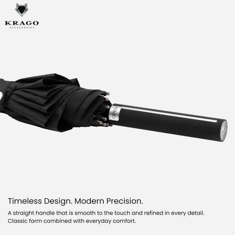 KRAGO Travel Umbrella - Large 55 Inch Windproof Golf Stick Umbrella | Umbrella for Rain - Auto Open Fiberglass Frame Straight Umbrella with Stylish Plastic Handle - Big for Men and Women Black with Silver