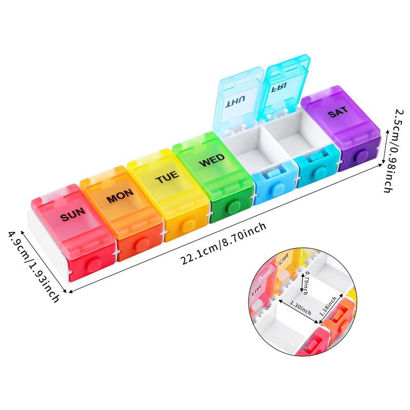 Rainbow 7 Day Pill Organizer Push Button for Vitamin Supplements Box | Weekly Pill Case,Container for Fish Oil Medicine,Travel Pill Holder,Easy for Arthritic Hand,BPA-Free Rainbow