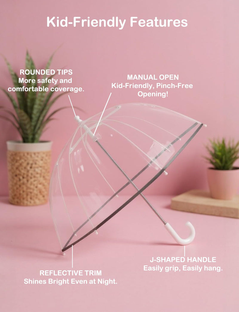Kids Clear Umbrella-Thick POE Transparent Canopy, J-Handle, Jellyfish/Apollo Design, Large 78cm, Cute Rain Umbrella for Toddlers & Children 2pcs Clear