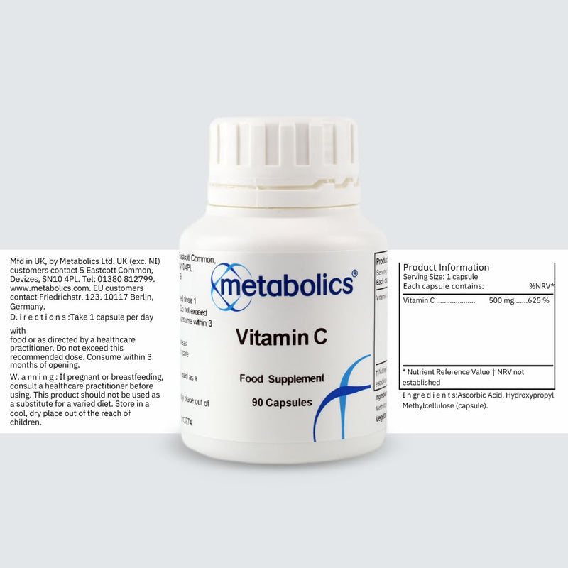 Vitamin C Capsules by Metabolics | 500mg Vitamin C Per Capsule Providing 625% NRV | Pot of 90 Capsules Suitable for Vegans & Vegetarians- No Additives or Flowing Agents