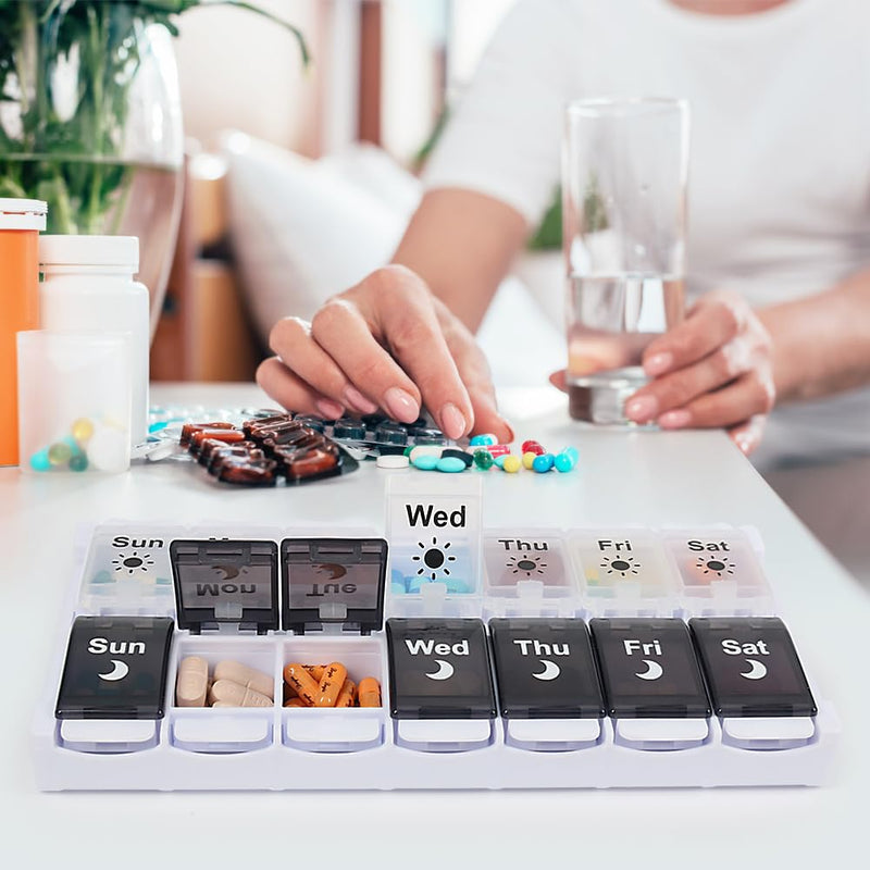 [Australia] - HRX Package Large Pill Organizer 2 Times a Day, Push Button Weekly Medicine Box Vitamin Cases for 7 Day AM PM Black and White 