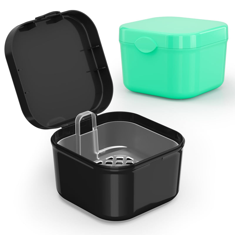 2 Pack Denture Cups for Soaking Dentures, Colorful Denture Bath Case with Brush, Denture Cup Soaking Holder False Teeth Container Mouth Guard Storage Case Cleaning Black+Blue