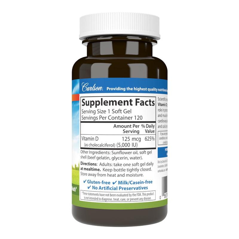 Carlson Vitamin D3 5000 IU (125 mcg), Bone Health, 120 Softgels | Muscle Health; Cholecalciferol; Vitamin D Supplements; Vitamin D3 Soft Gels 120 Count (Pack of 1)