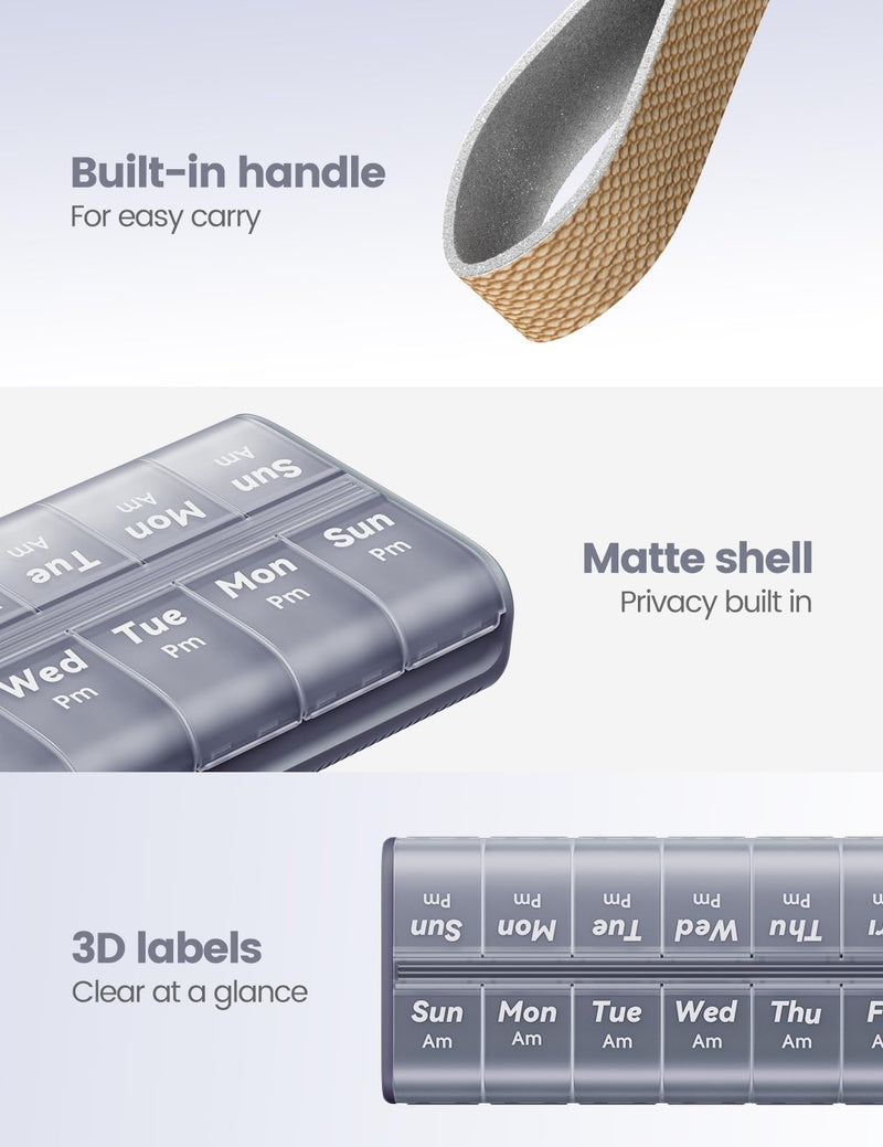 Pill Organizer 2 Times a Day, Built-in Desiccant | 7 Day AM PM Weekly Pill Box, Easy-Open, Portable Carry Handle, BPA-Free, Matte Privacy Case for Supplements and Vitamins A2-indigo Blue 14 compartments