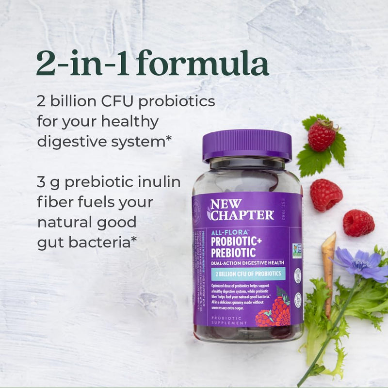 [Australia] - New Chapter Probiotic Gummies for Women and Men, All-Flora (1 Month Supply) – 55% Less Sugar+, Formulated for Holistic Gut Health Support with Probiotics + Prebiotic Fiber + 100% Vegan + Non-GMO 