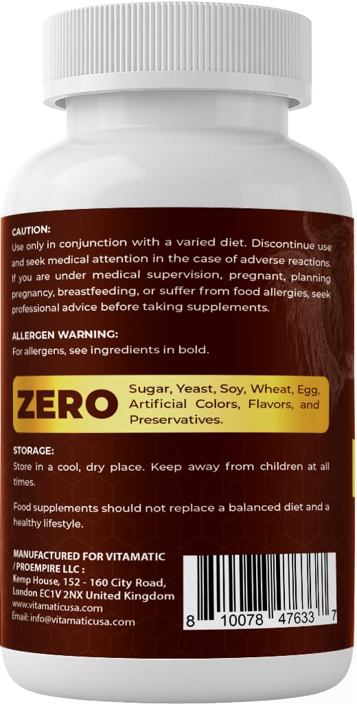 Vitamatic Grass Fed Beef Kidney with Liver - 180 Capsules - Freeze Dried & Non-GMO - Pasture Raised Glandular Supplement - Made in USA