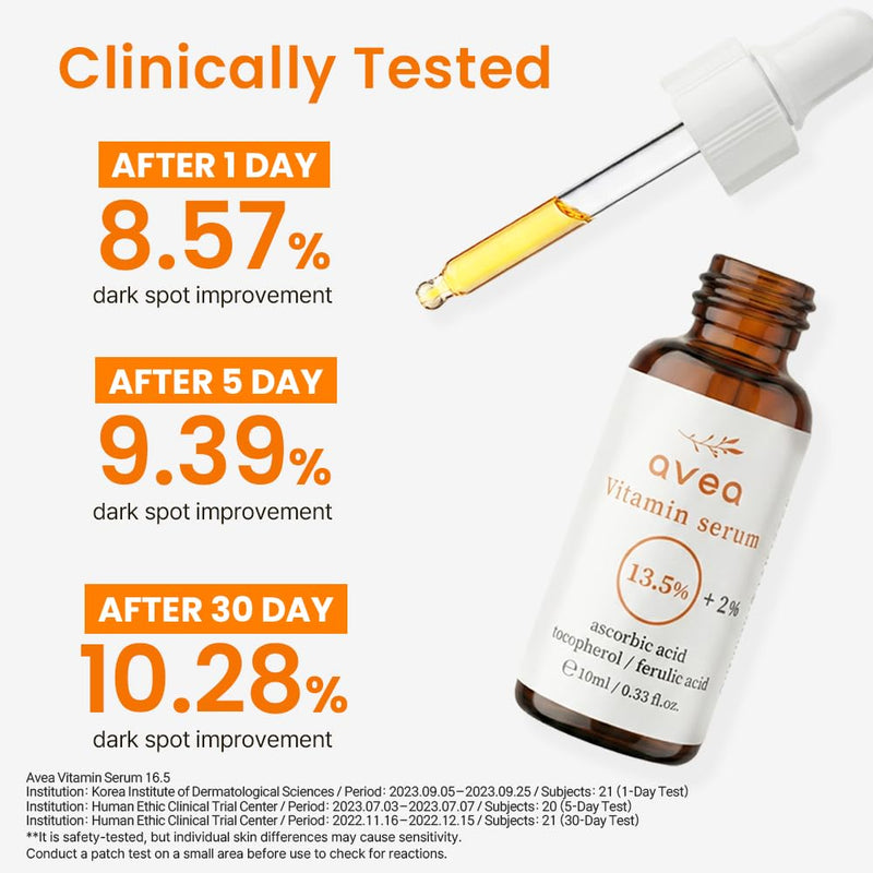 AVEA Vitamin Serum 16.5 – 13.5% Pure Vitamin C + Ascorbyl Glucoside, Vitamin E & Ferulic Acid – Radiance & Even-Tone Support – Lightweight, Non-Sticky Formula – 10ml / 0.33 fl oz