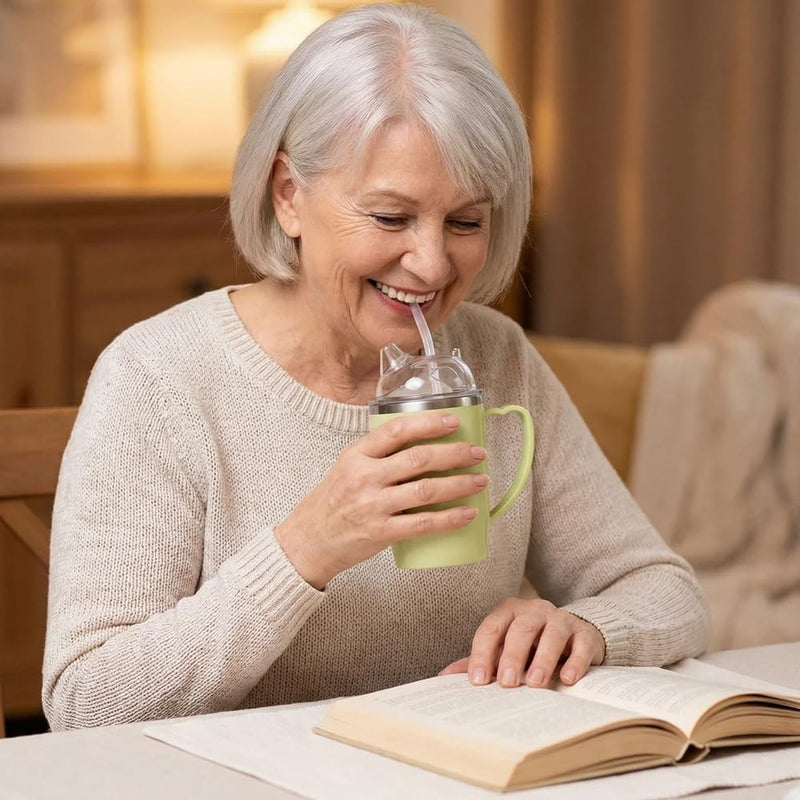Adult Sippy Cup for Elderly, 3-in-1 Stainless Steel Non Spill Cups for Elderly with Long Flexible Straws & Dust Lid, Spill Proof Beaker 350ml