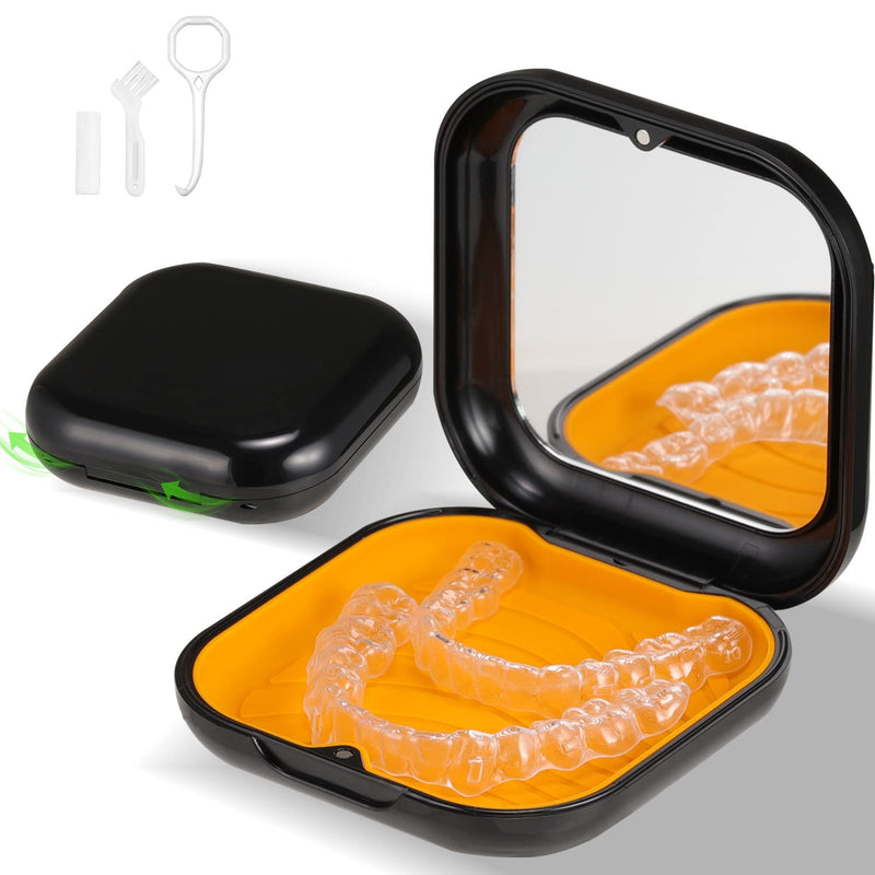 Retainer Case, Slim Aligner Case with Mirror, Compatible with Invisalign, Night Guard and Mouth Guard, Premium Retainer Case, With Aligner Remover Tool, Chew & Brush, Black Square: Black