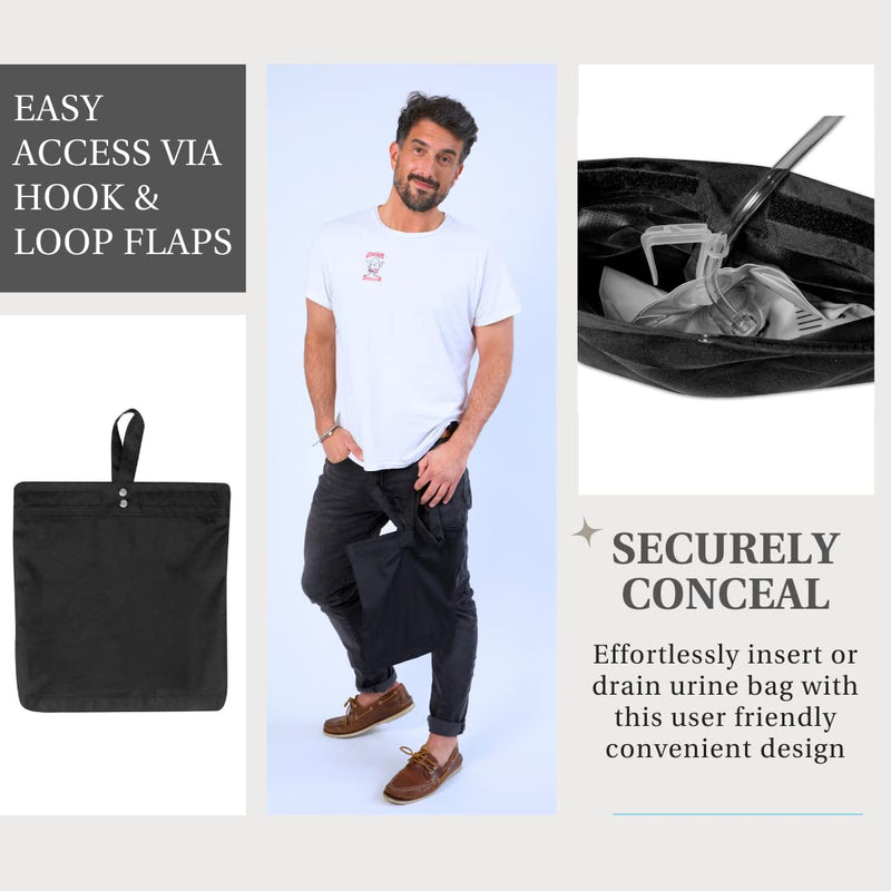 [Australia] - Inspired Comforts Urine Catheter Bag Cover with Snap on Pipe Cover & Hanging Strap | Easy Access | Secure & Discreet | Men & Women | 2000ml | Black 