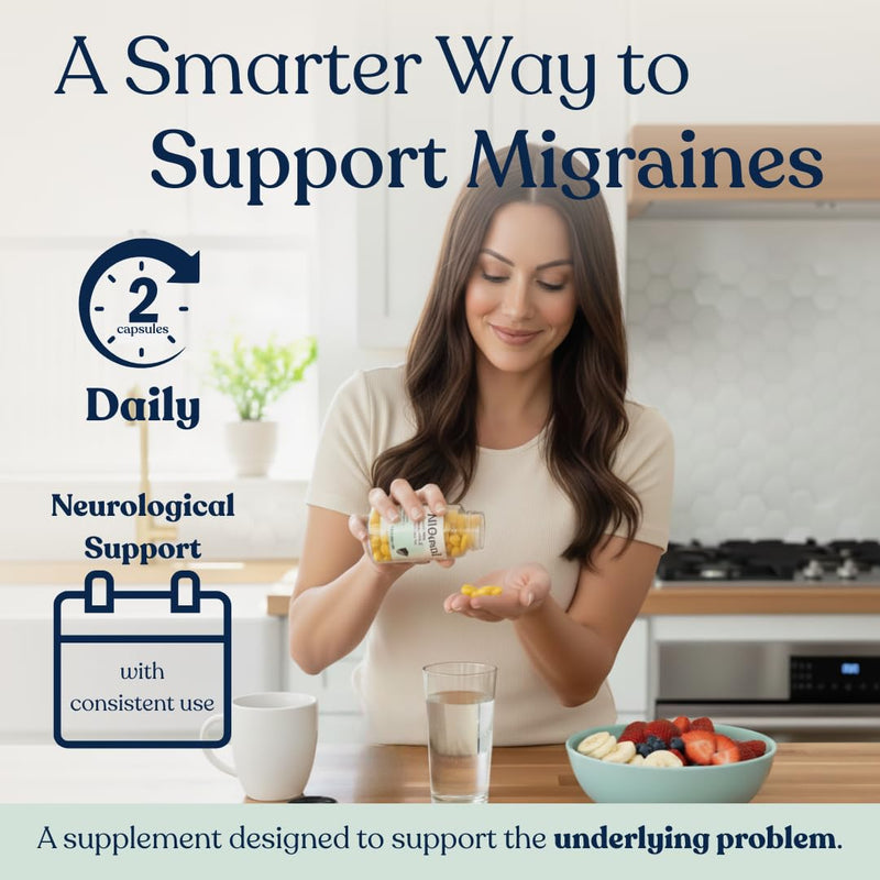Migraine Supplement – Natural Supplements for Migraine Headaches | 60 Capsules · Migraine vitamins: Magnesium, Riboflavin B2, CoQ10, Feverfew, Ginger · Vegan · Non-GMO · GMP-Certified