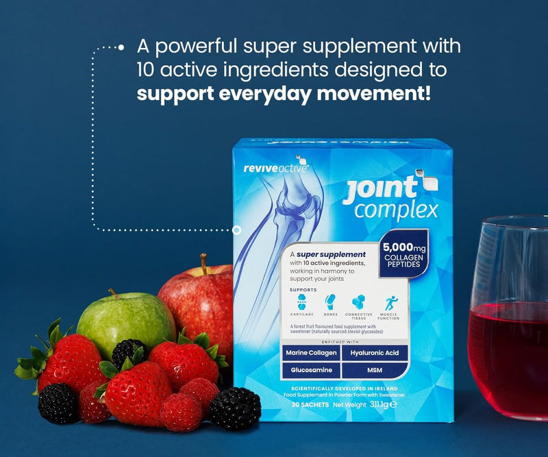 Revive Active Joint Supplement Complex with Marine Collagen, Hyaluronic Acid, Glucosamine - A Daily Sachet - Contributes to The Support of Joints, Cartilage, Bones & Muscle Function - 30 Days Supply