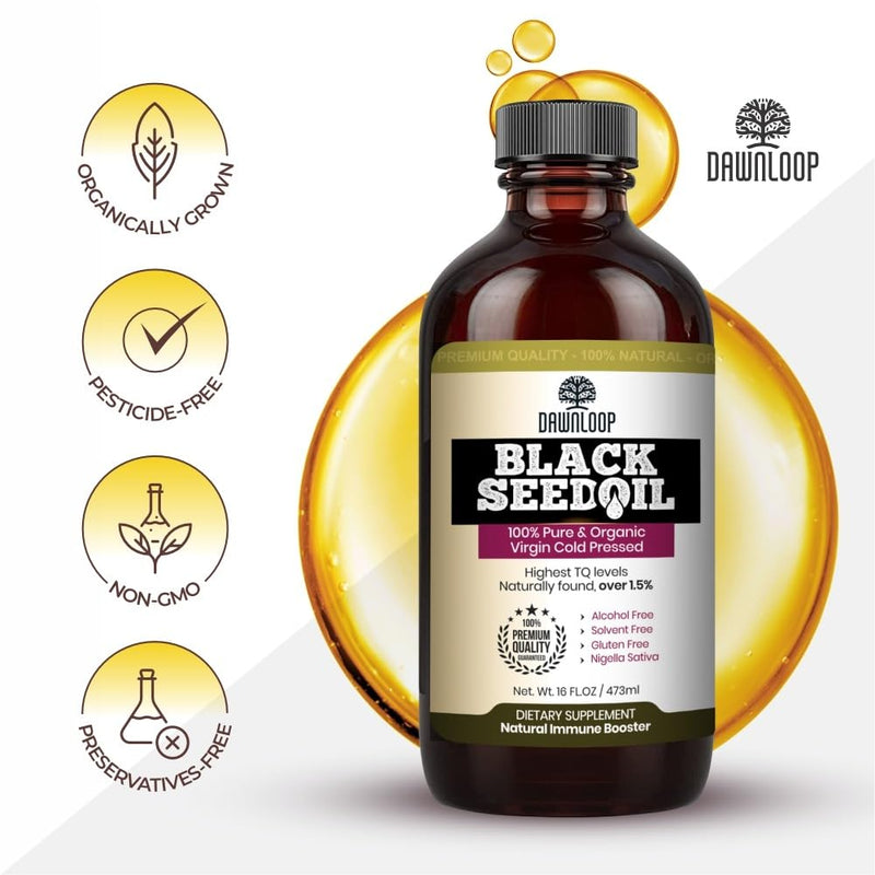 [Australia] - DAWNLOOP Black Seed Oil Organic Cold Pressed 4oz - 100% Pure High Thymoquinone Nigella Sativa, Black Cumin Oil for Immune Support, Brain Function, Digestion, Joint Mobility, Gluten Free, Non GMO 1 Count (Pack of 1) 