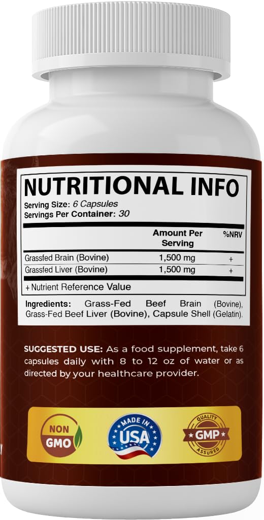 Vitamatic Grass Fed Beef Brain with Liver - 180 Capsules - Freeze Dried & Non-GMO - Pasture Raised Glandular Supplement - Made in USA