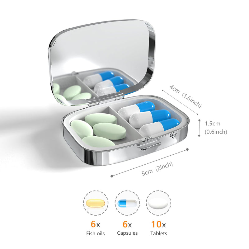 Pill Box-2 Compartment Small Pill Case Portable for Pocket & Purse Single Pill Carrier Pill Container to Hold Vitamins Medication Fish Oil and Supplements BPA-Free(Dragonfly) Dragonfly