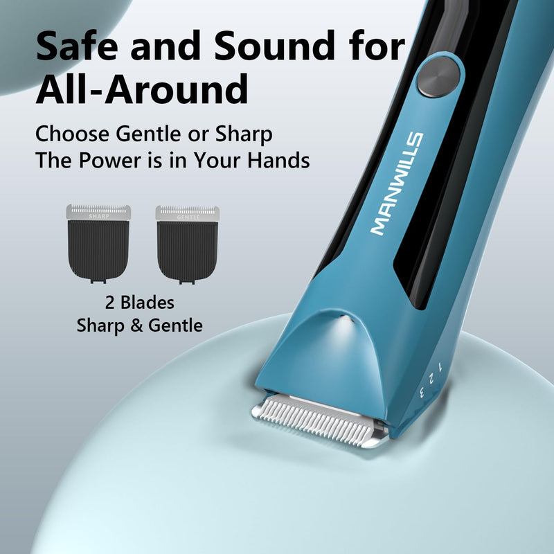 Body Hair Trimmer Men - Body Groomer, Groin Hair Trimmer for Men Waterproof Wet/Dry Use, Electric Ball Trimmer/Shaver with Charging Dock, Male Hygiene Razor, Mens Grooming Kit Blue