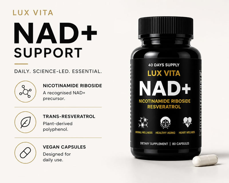 LuxVita NAD+ Supplement | 500mg Nicotinamide Riboside (NR) with Quercetin Phytosome & Trans-Resveratrol | NAD Supplements UK | Cellular Energy, DNA Repair & Healthy Ageing | 80 Vegan Capsules