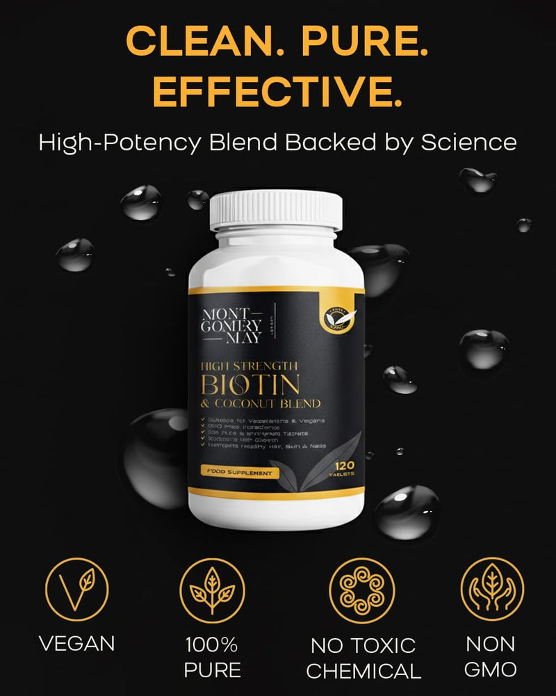 Montgomery May Biotin Tablets Supplement - Biotin 10000 mcg to Support Healthier Hair, Stronger Nails & Glowing Skin - High Strength Blend with Coconut Extract - 120 Vegan Tablets