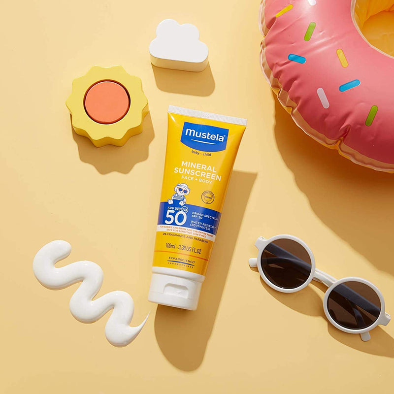 Mustela Baby Mineral Sunscreen Lotion SPF 50 Broad Spectrum - Face & Body Sun Lotion for Sensitive Skin - Water Resistant & Fragrance Free - Regular & Family Size 3.38 Fl Oz (Pack of 1)