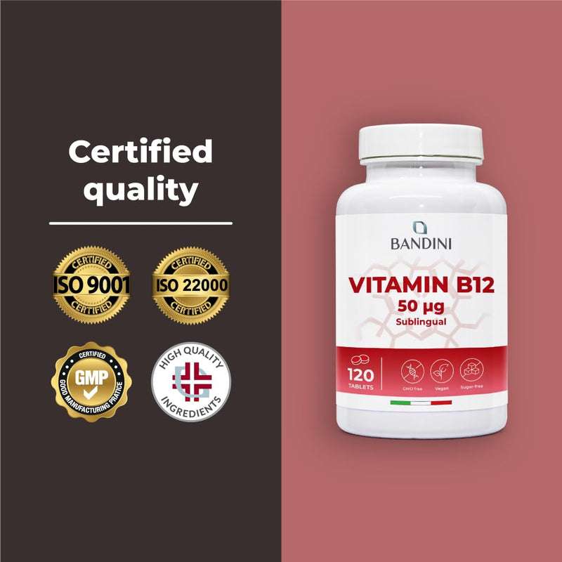 Bandini® Vitamin B12-120 High Strength Sublingual Tablets - Cyanocobalamin 50µg - VIT B-12 Supports Energy, Metabolism, Reduces Tiredness & Fatigue - for Vegetarian & Vegan, Non-GMO Supplement