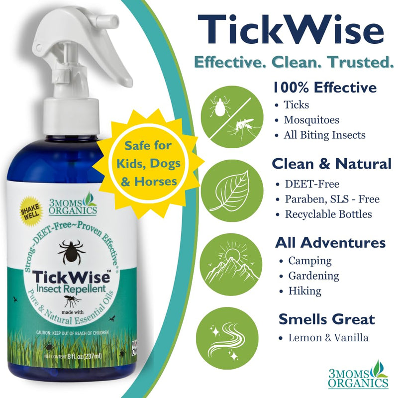 [Australia] - 3 Moms Organics TickWise 8oz, Made with All Natural Essential Oils, DEET-Free, Tick and Insect Repellent, Plant Based Essential Oils, All Natural Ingredients Great for Adults, Kids, Dogs & Horses 8 Fl Oz (Pack of 1) 