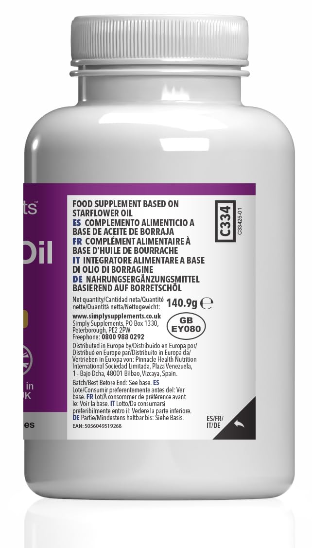 Starflower Oil 1000mg | High Strength Borage Oil Softgels with GLA | 180 Softgels | Cold-Pressed | Made in The UK Unflavoured 1 count (pack of 180)