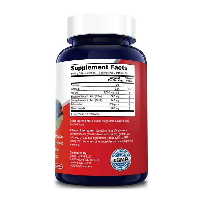 [Australia] - NusaPure Antarctic Krill Oil 2000 mg 120 Softgels, Omega-3 EPA 360mg, DHA 240mg, Astaxanthin Supplement Sourced from Krill 800ppm 