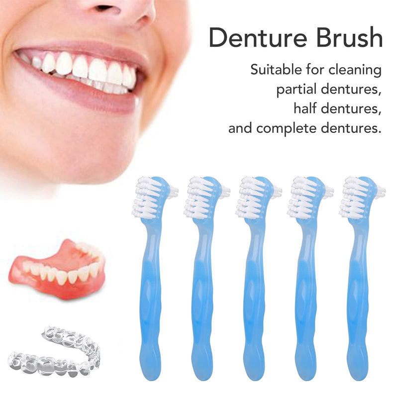 5pcs Denture Brush Set, Double Head Professional Denture Cleanning Travel Portable Double Sided False Teeth Cleaning Brush(Blue) Blue