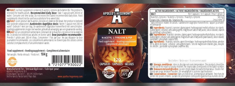 N-Acetyl-L-Tyrosine (NALT) 500mg and Active Vitamin B6 (P-5-P) 2mg - 120 Capsules - 4 Months Supply - High Strength Amino Acid Supplement - Cognitive Booster - by Apollo's Hegemony
