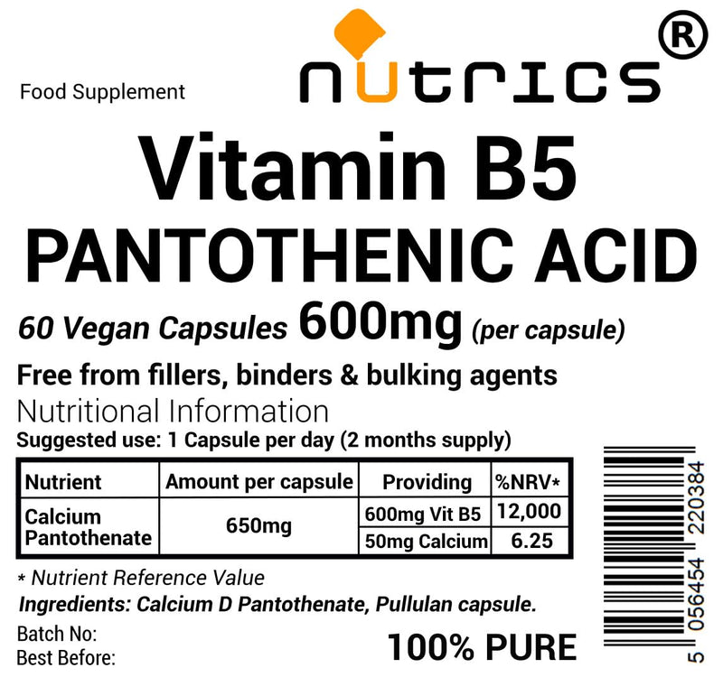 600mg (per Capsule) Vitamin B5 Pantothenic Acid 60 V Capsules 2 Months Supply - Pure No Additives - Vegan Vegetarian