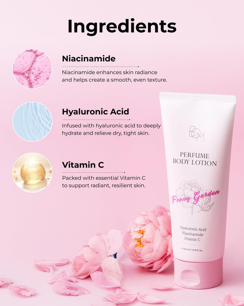 BOM Peony Garden Perfume Body Lotion 6.76 Fl Oz, Floral Scented Body Cream with Hyaluronic Acid, Niacinamide & Vitamin C, Long-Lasting Moisture & Fragrance, Non-Sticky & Smoothing, Korean Skincare 6.76 Fl Oz (Pack of 1)