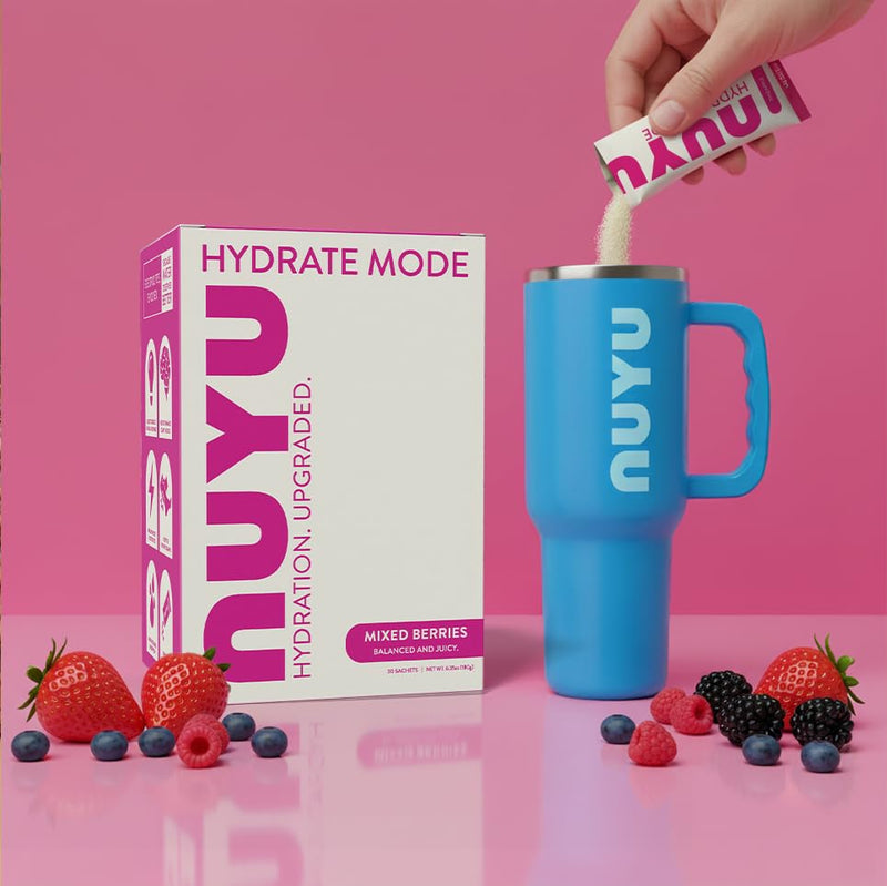 NUYU Hydrate Mode Electrolyte Powder | Mixed Berry 30 Sachets | Zero Sugar Hydration Drink with Vitamin C Magnesium Zinc | Daily Energy Hydration Vegan UK Made