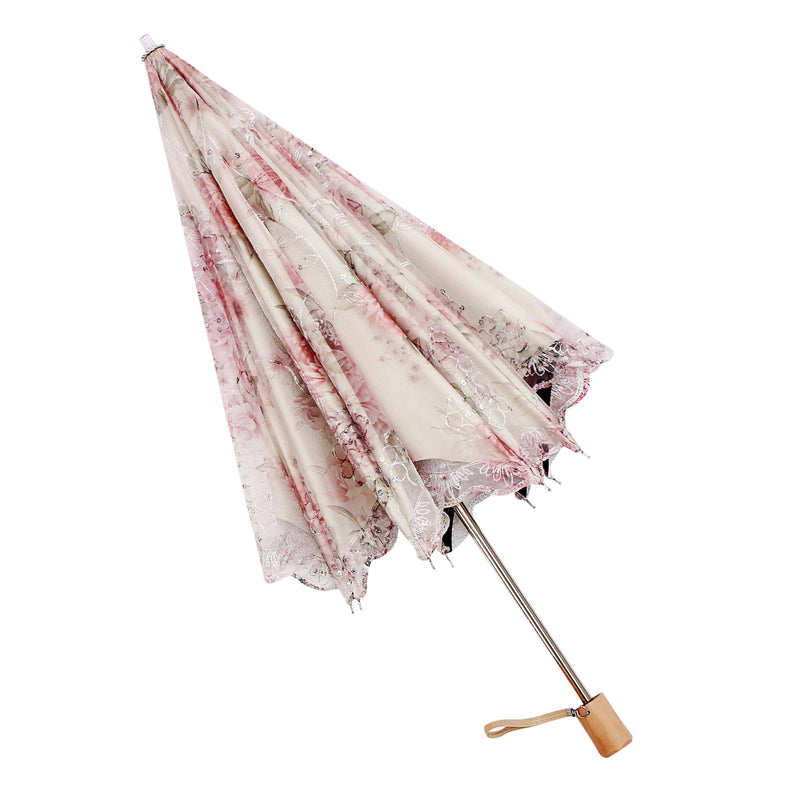 Honeystore Flower Print Vintage Parasol Anti-UV Folding Lace Embroidery Umbrella 2 Folding Beige