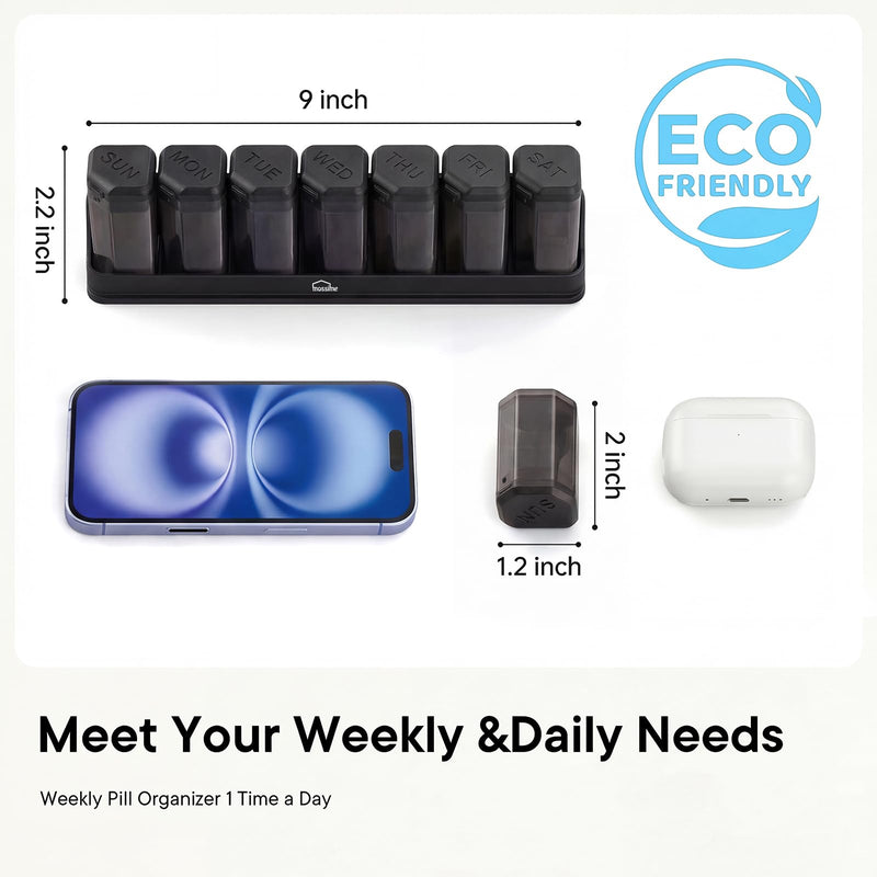 Medium-Large Weekly Pill Organizer 1 Time a Day, 7 Day Pill Box, Black | BPA-Free, Spill-Resistant, Detachable 1-a-Day Boxes, for Vitamins & Medication, Travel-Friendly, Velvet Pouch
