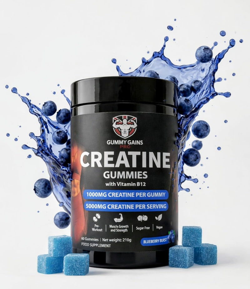 Creatine Gummies – 5000mg Creatine Monohydrate per Serving (1000mg per Gummy) – Vegan, Sugar Free – Gym & Training Support – for Men & Women – 60 Count (Blueberry) Blueberry