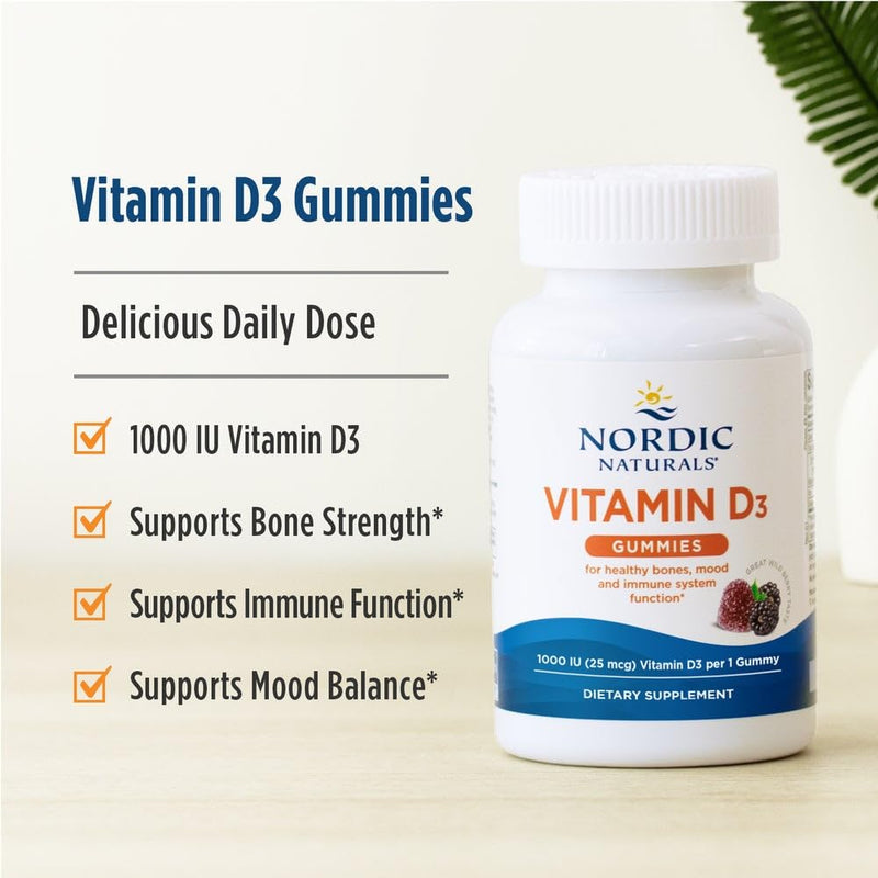Nordic Naturals Vitamin D3 Gummies, Wild Berry - 60 Gummies - 1000 IU Vitamin D3 - Great Taste - Healthy Bones, Mood & Immune System Function - Non-GMO - 60 Servings | 1000 IU vitamin D3 plus 1.4 mg iron per gummy supports healthy bones, mood, and immu...