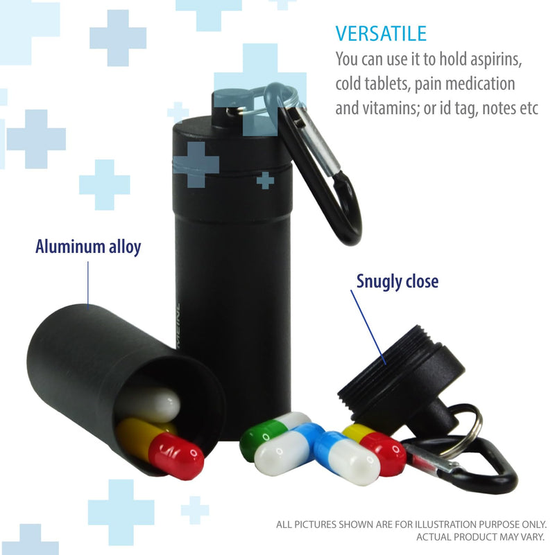 Deke Home - Waterproof Keychain Pill Holder (2 Pack), Small Aluminum Pill Case for Medicine, Vitamins & Travel, Portable Pill Container with Secure Screw Top & Carabiner, 1.9"x0.7", 1.4oz Pack of 2