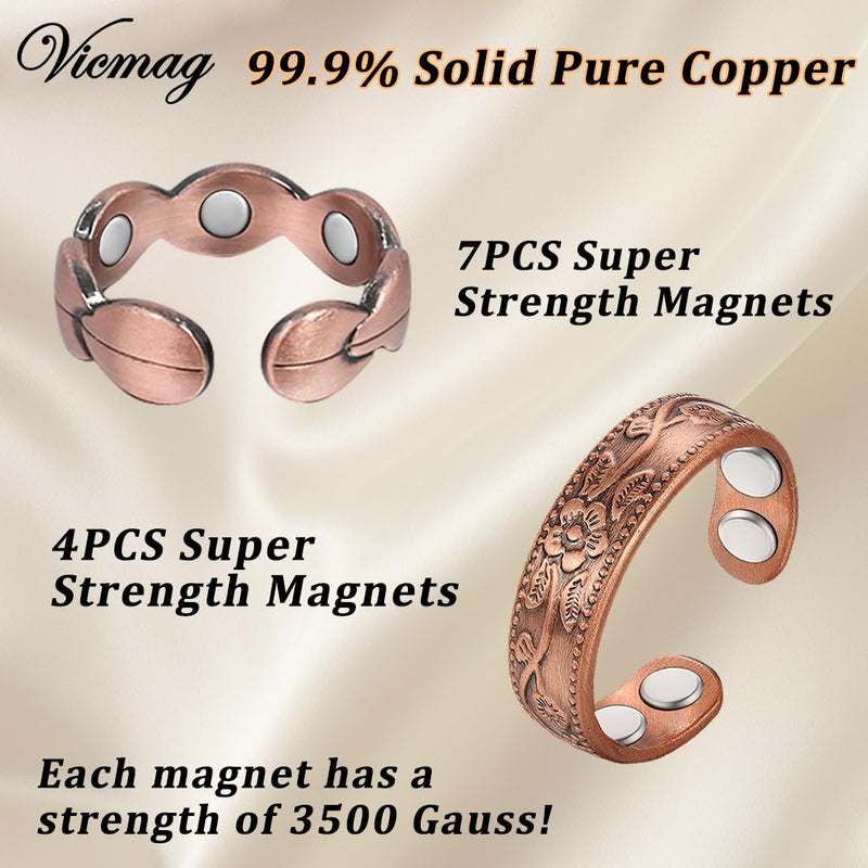 [Australia] - Vicmag Copper Magnetic Ring for Women, Copper Ring Ladies Fingers Thumb 100% Solid Pure Copper Jewelry Gift Adjustable Rose Gold+Copper Flower 