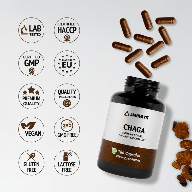 Chaga Mushroom Capsules 8000mg – High-Strength Chaga Supplement – Dual Extract with 30% Polysaccharides – 180 Capsules – Fruiting Body – Wild-Harvested from Birch Trees – Ambervit