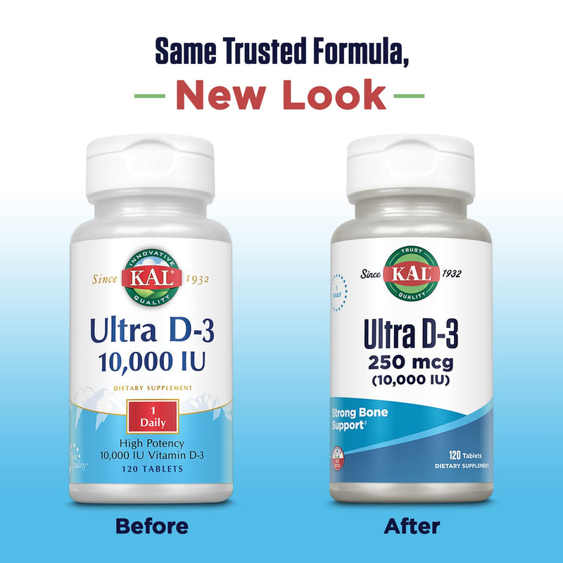KAL Ultra Vitamin D3 10000 IU 250 mcg, High Potency Vitamin D Tablets, Calcium Absorption, Bone Health and Immune Support Supplement, Rapid Disintegration D-3 ActivTabs, 120 Servings, 120 Tablets 120 Count (Pack of 1)