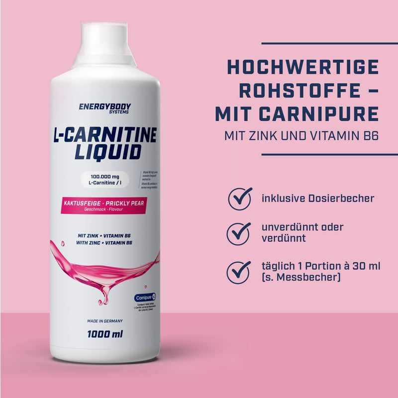 [Australia] - Energybody L-Carnitine Liquid with zinc, high dosage 100,000 mg/liter, liquid, with dosing cup, Carnipure quality, 1000 ml, prickly pear flavor... 