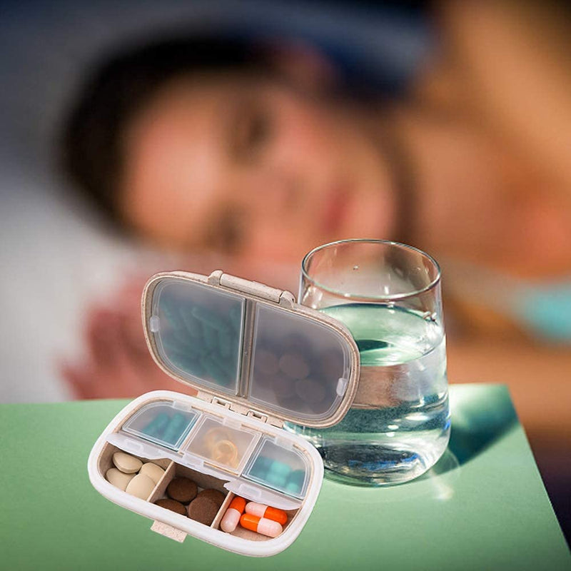 4 Pack Travel Pill Organizer, 8 Compartments Small Pill Box Daily Pill Case | for Medicine, Vitamin, Supplement Storage, Compact Pill Container for Pocket, Purse, Travel, Office, Home Use 4 Pcs 8-Compartment Pink+blue+green+beige