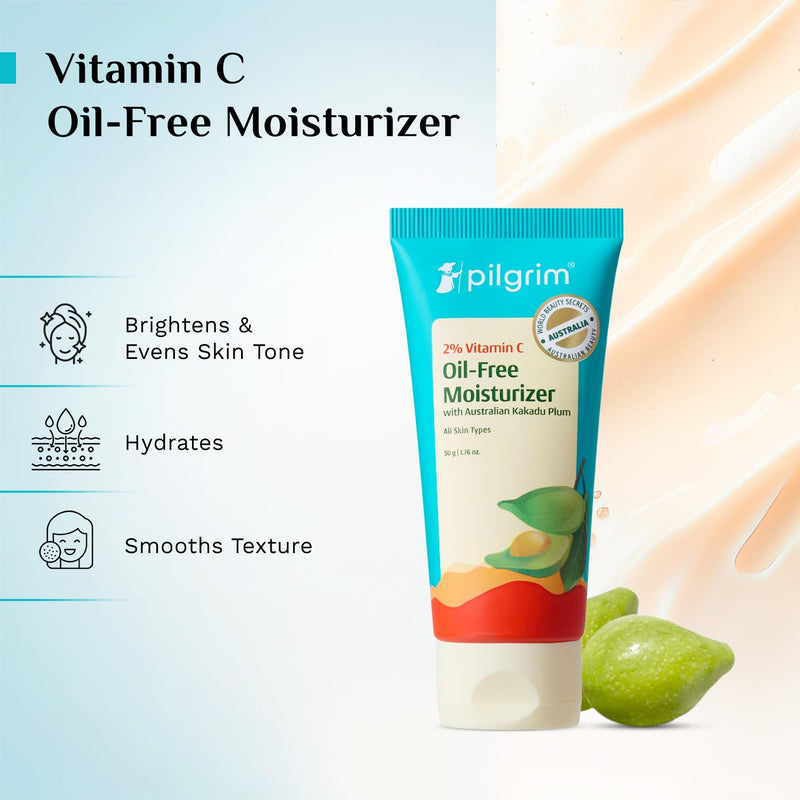 Pilgrim 2% Vitamin C Oil-Free Moisturizer with Australian Kakadu Plum | Lightweight Hydrating Face Cream for Oily & Combination Skin | Non-Greasy Daily Use | 1.76 Oz (50g)
