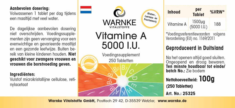 [Australia] - Vitamin A 5000 IU - 1500µg retinol (retinyl acetate) per tablet - 250 tablets - high dosage & vegan | Warnke vital substances - German pharmacy quality 